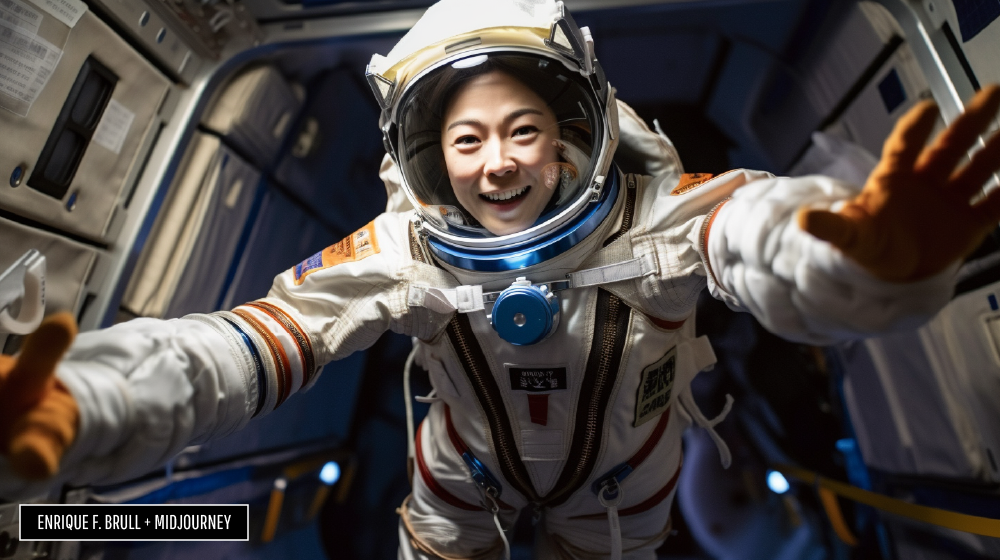 Astronauta asiática en estación espacial