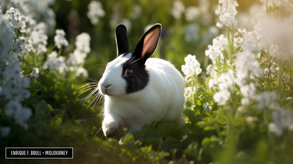 Conejo en una pradera de flores blancas
